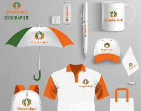 Gadgets publicitaires personnalisés : tasse, stylo, parapluie, clé USB, polo, casquette, sac – GraphiTech